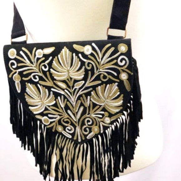 Black and Olive Suede Fringed Crossbody Bag - Picture 2 of 4